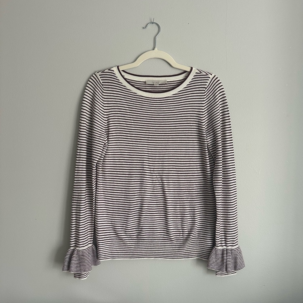 LOFT Burgundy Striped Sweater Ruffle Sleeve Small